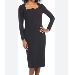 Maggy London Black Long-Sleeve Midi Dress – Size US 4 scalloped neck